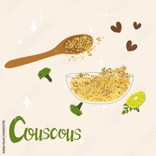 Herbal couscous porridge or quinoa with broccoli.Vegan organic food. Steamed balls of crushed durum wheat semolina.Spoon with grain. Hand drawn doodle vector poster for cafe menu.Lemon slice,lettering