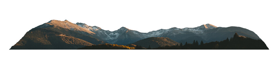 Panoramic Mountains with snow  and forest isolated on white background