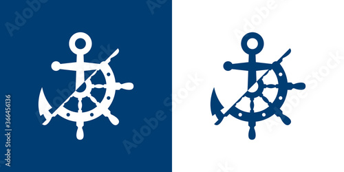 Logotipo estilo nautical. Icono plano timón y ancla divididos por la mitad en fondo azul marino y fondo blanco