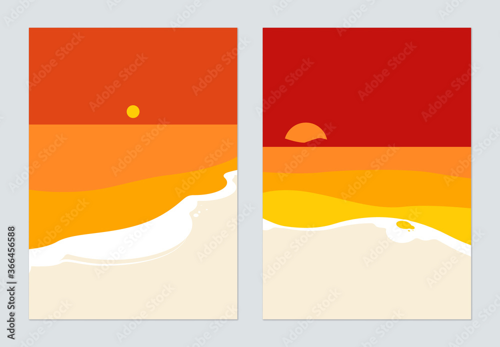 Minimalist landscape poster design, beach and sunset in warm tone