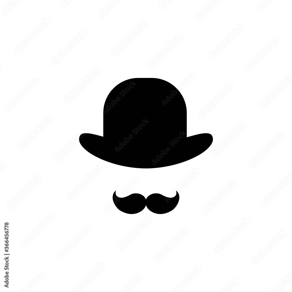 Gentleman icon isolated on white background. Silhouette of man's head with big moustache and bowler hat. Gentleman icon isolated on white background. Silhouette of man's head with big moustache and bowler hat.