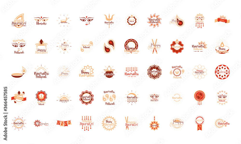 Αυτοκόλλητο happy navratri indian celebration, goddess durga culture traditonal icons set fl