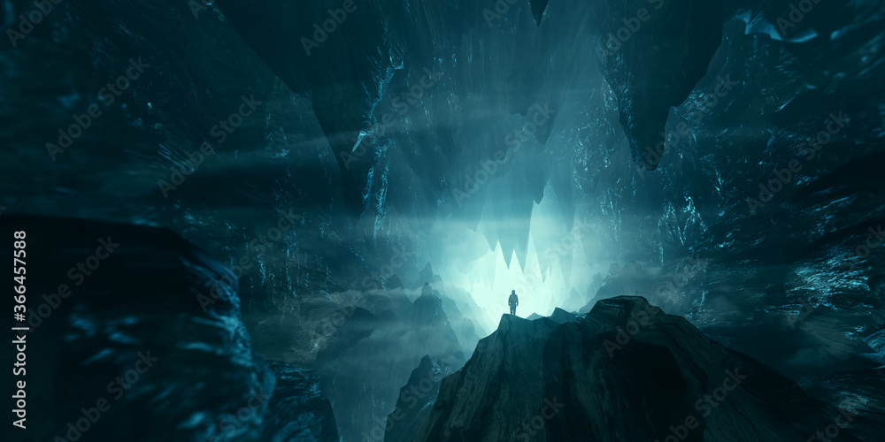 Naklejka premium man exploring dark fantasy cave 3d illustration