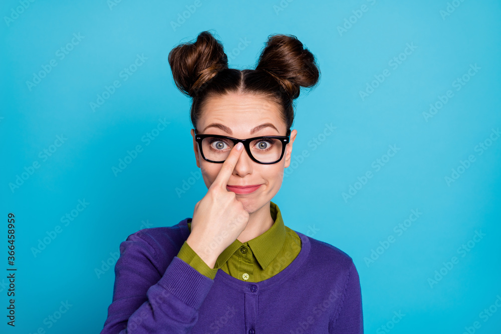 Close-up portrait of her she nice attractive pretty funny schoolgirl geek touching specs isolated on bright vivid shine vibrant blue green teal turquoise color background Close-up portrait of her she nice attractive pretty funny schoolgirl geek touching specs isolated on bright vivid shine vibrant blue green teal turquoise color background