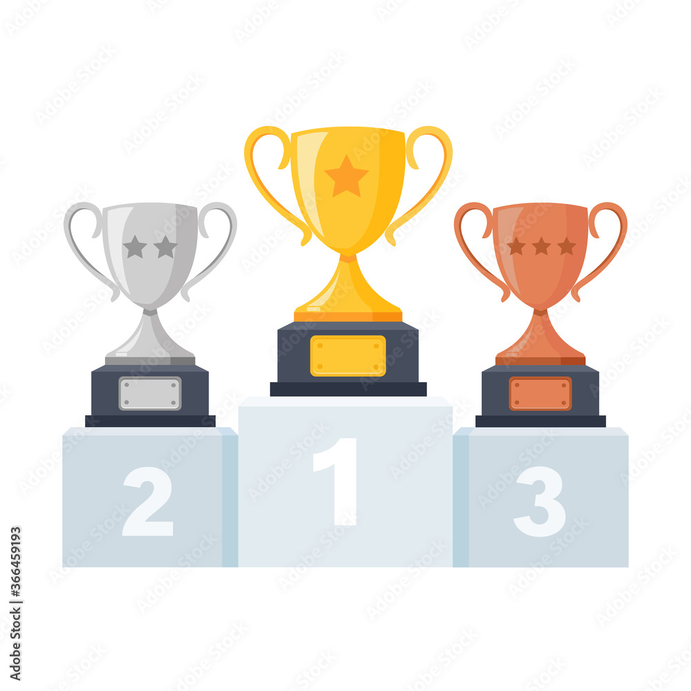Gold, silver, bronze trophy cup, goblet on podium, pedestal isolated on background. 1st, 2nd, 3rd place. Handing awards to winner. Vector illustration
