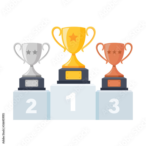 Gold, silver, bronze trophy cup, goblet on podium, pedestal isolated on background. 1st, 2nd, 3rd place. Handing awards to winner. Vector illustration
