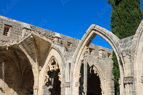Fragment of Bellapais Abbey  White Abbey  Abbey of the Beautiful world. Arches and cypress against the blue sky.