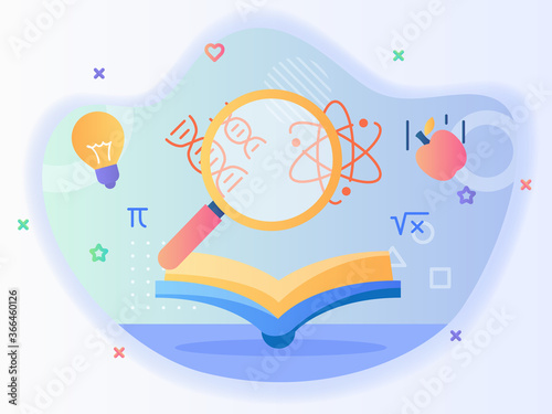 Lup on open book background of atom gene apple fall icon with flat style.