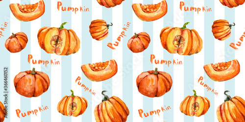 Seamless pattern with pumpkins and lettering for halloween and Fall on whiteand blue striped background. Watercolor hand painted orange round and cut pumpkins. autumn textile, wrapping paper, fabric.