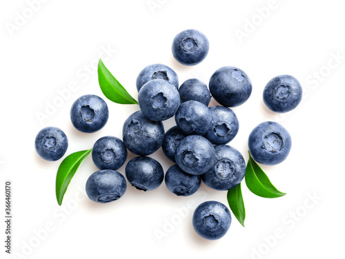 Fresh ripe blueberries isolated on white background. Top view. Copy space.