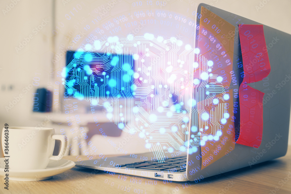 Fototapeta premium Double exposure of work space with computer and human brain drawing hologram. Brainstorm concept.