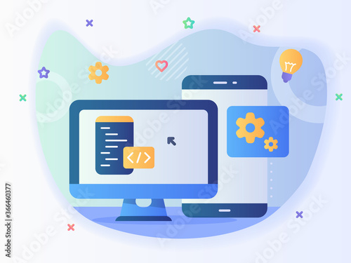 technology engineer app website program development software concept with code and computer with modern icon style