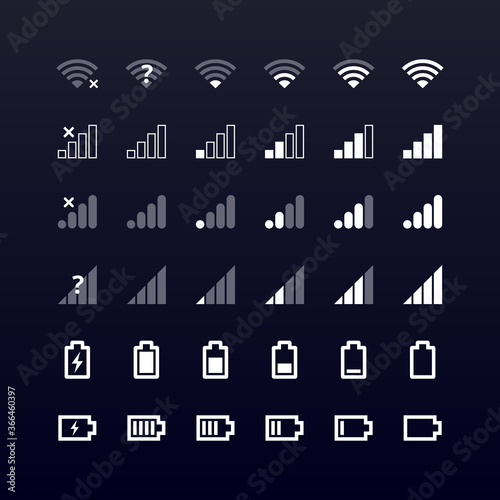 Mobile gadget bar icons set on black. Wi-fi level, 4g and 5g network signal strength, battery charge indicator. Communication, Vector phone system symbols for web, app, ui, interface, infographics