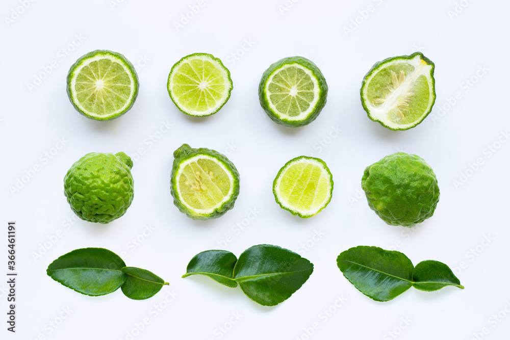 Fresh kaffir lime or bergamot fruit with leaves isolated on white