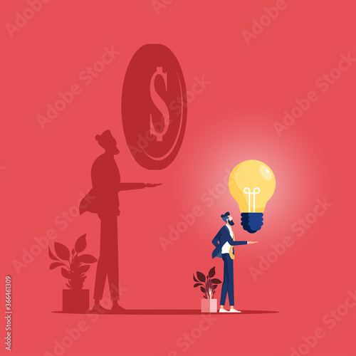 Businessman with idea bulb and his shadow get a money-Business creativity concept