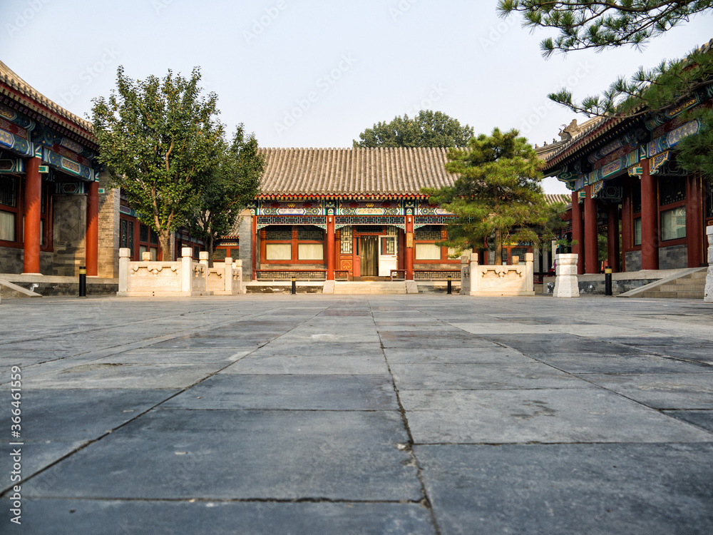 The courtyard of the Chinese temple. Ancient Chinese architecture.