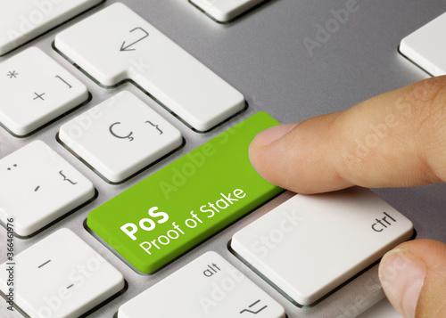 Fototapeta PoS Proof of stake - Inscription on Green Keyboard Key.