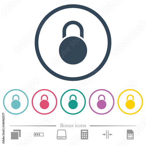 Locked round padlock flat color icons in round outlines