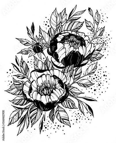 Tattoo branch of flowers. Branch of blooming peony