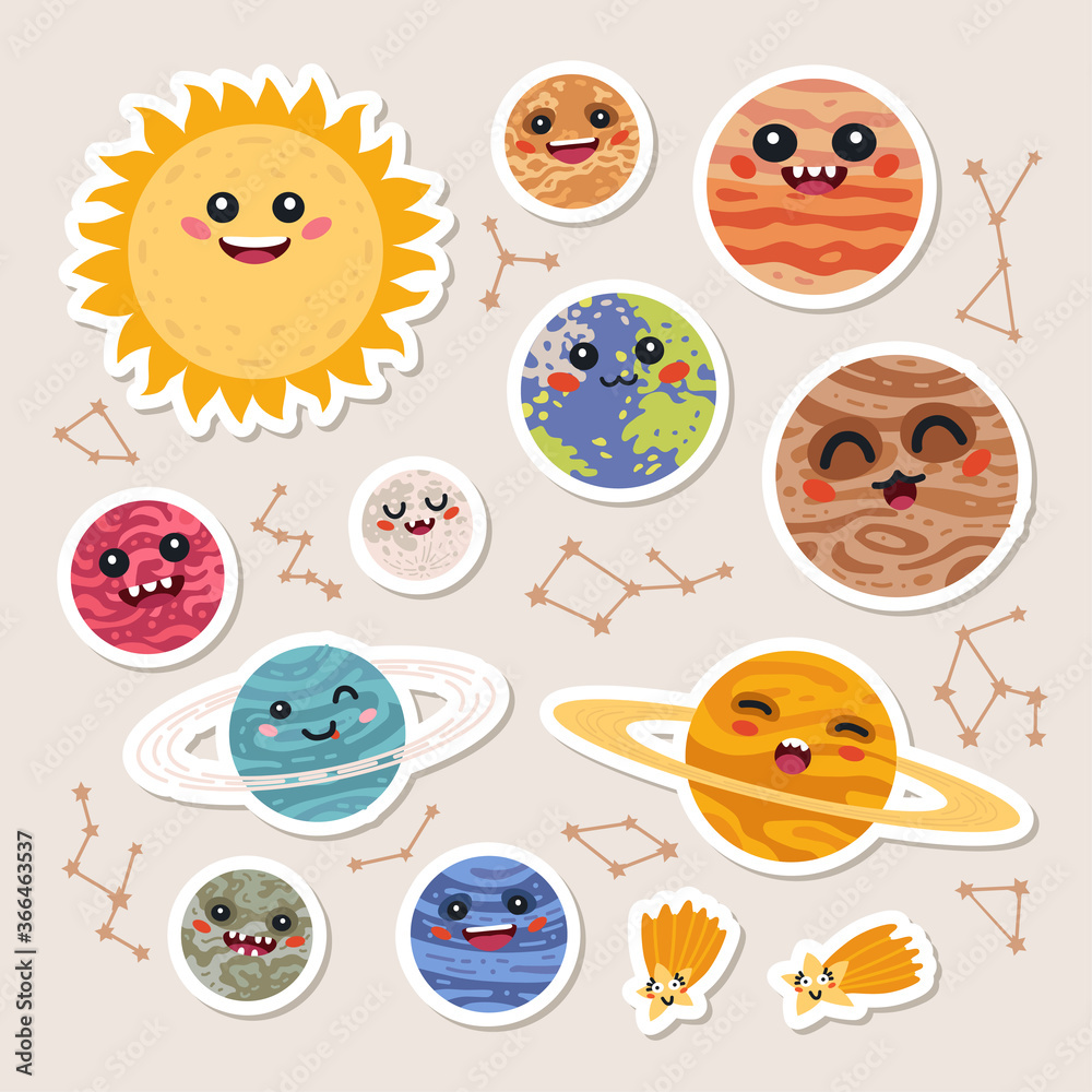 Big set of cute cartoon planets stickers. Big set of cute cartoon planets stickers.
