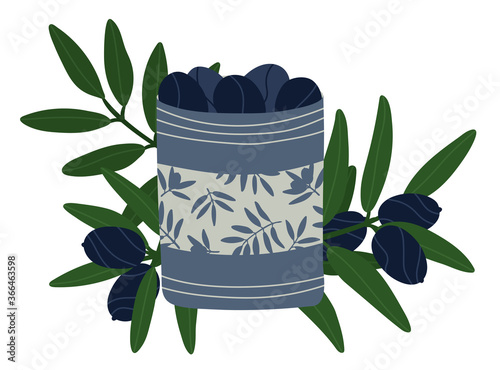 Delicious and fresh organic Mediterranean olives. Olive tree branches on the background. Dark blue olives in a gray tin can. Greek food sale concept. Olive oil products.