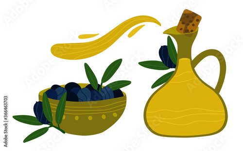 Olive oil is pouring from a jug. Dark blue olives in a bowl. Delicious and fresh organic Mediterranean olives. Olive tree branches on the background. Greek food sale concept. Olive oil products.