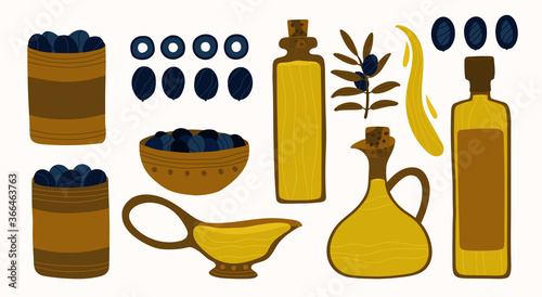 Bottles, bowls and jars of olive oil. A large set of Greek food. Mediterranean healthy bio food. Fresh and healthy fruits. Black olives, olive branches and oil. Modern flat style vector illustration.