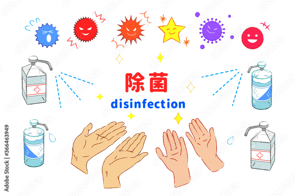 除菌剤や手 ウイルスの可愛いイラストセット Vector De Stock Adobe Stock