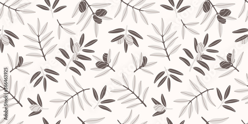 Seamless repeating pattern. Gray branches of an olive tree. Autumn and summer pattern. Pastel colors. Natural products for a Mediterranean lunch. Pattern with Greek food. Contemporary illustration.