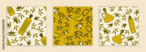 Seamless repeating patterns. A set of patterns in beige and green colors. Green olives, bowls, bottles of olive oil. Olive branches. Pattern with Greek food. Contemporary illustration.
