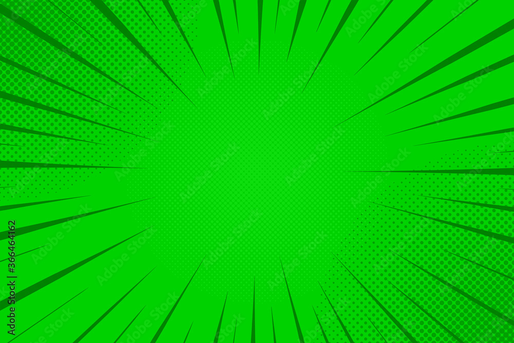 Green comics rays background with halftones. Vector backdrop ...