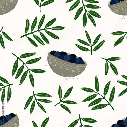 Pattern with Greek food. Seamless repeating pattern. Gray bowls with dark blue olives. Olive oil products. Olive branches. Natural products for a Mediterranean lunch. Contemporary illustration.