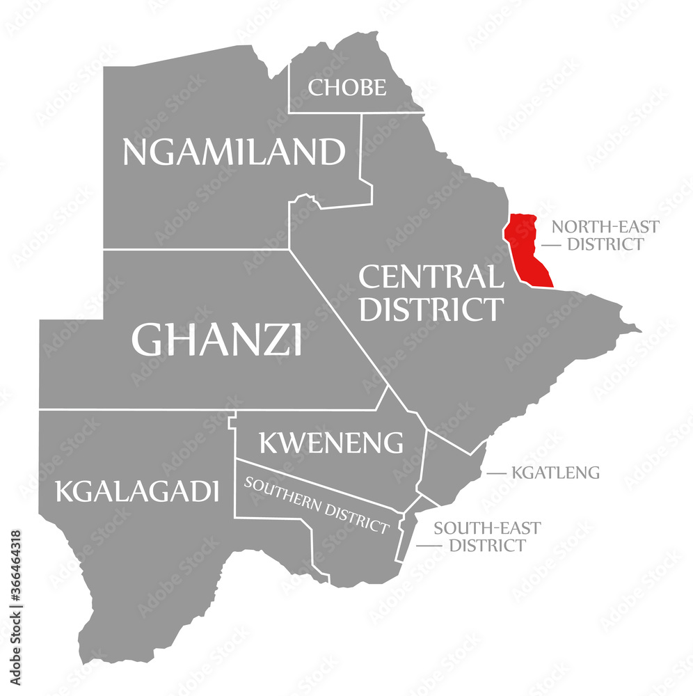 North East District red highlighted in map of Botswana