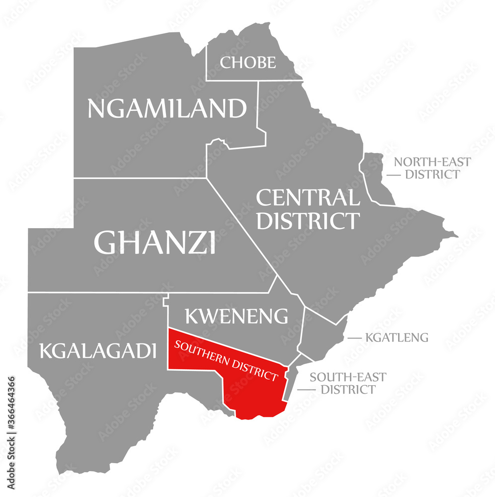 Southern District red highlighted in map of Botswana