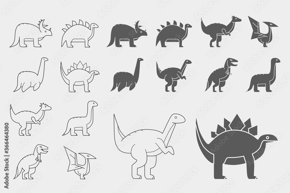 Dinosaurs Icons set - Vector outline symbols and silhouettes of triceratops, stegosaurus, tyrannosaurus and other animals of the Jurassic period for the site or interface Dinosaurs Icons set - Vector outline symbols and silhouettes of triceratops, stegosaurus, tyrannosaurus and other animals of the Jurassic period for the site or interface