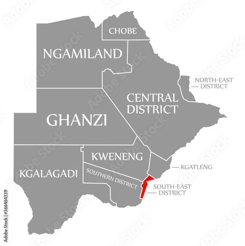 South East District red highlighted in map of Botswana