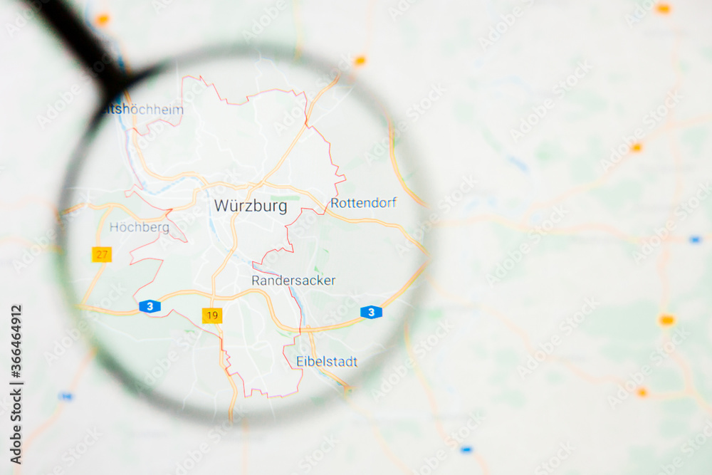Wuerzburg city in Germany, Bavaria visualization illustrative concept on display screen through magnifying glass