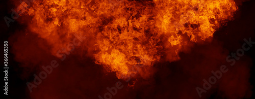 Panoramic view fire on isolated background. Perfect explosion effect for decoration and covering on black background. Concept burn flame and light texture overlays. Stock illustration