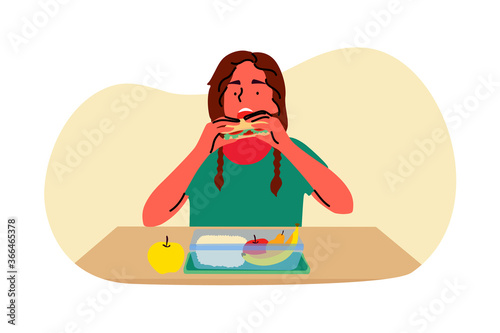 Dinner, school, food, break, childhood concept. Young child kid girl tennager pupil cartoon character sitting and eating meal sandwitch from lunch boxes at breakfast. School supper time illustration