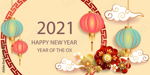 Happy new year 2021 / Chinese new year / Year of the ox / Zodiac sign for greetings card, invitation, posters, brochure, calendar, flyers, banners.