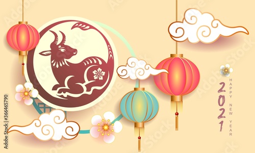 Canvas Print Happy new year 2021 / Chinese new year / Year of the ox / Zodiac sign for greetings card, invitation, posters, brochure, calendar, flyers, banners