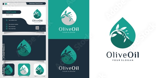Fresh olive oil logo and business card design template, drop, brand, oil, beauty, green, icon, health, premium vector