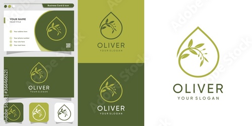 Oliver logo and business card design template, drop, brand, oil, beauty, cosmetics, icon, health, premium vector