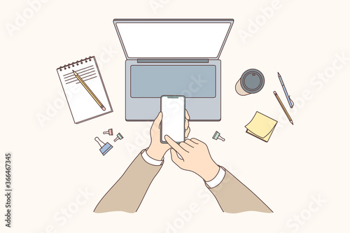 Technology, mobile, media, business concept. Businessman woman hands using smartphone in office for work or social network communication watching videos. Cashless shopping order payment confirmation.