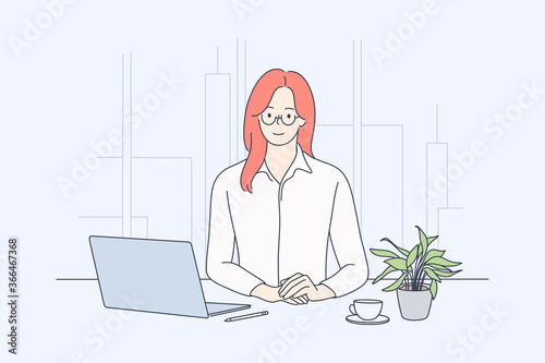 Business, woman manager in office concept. Young happy smiling businesswoman clerk cartoon character sitting at work table with coffee and laptop. Company leader boss looking at camera illustration.