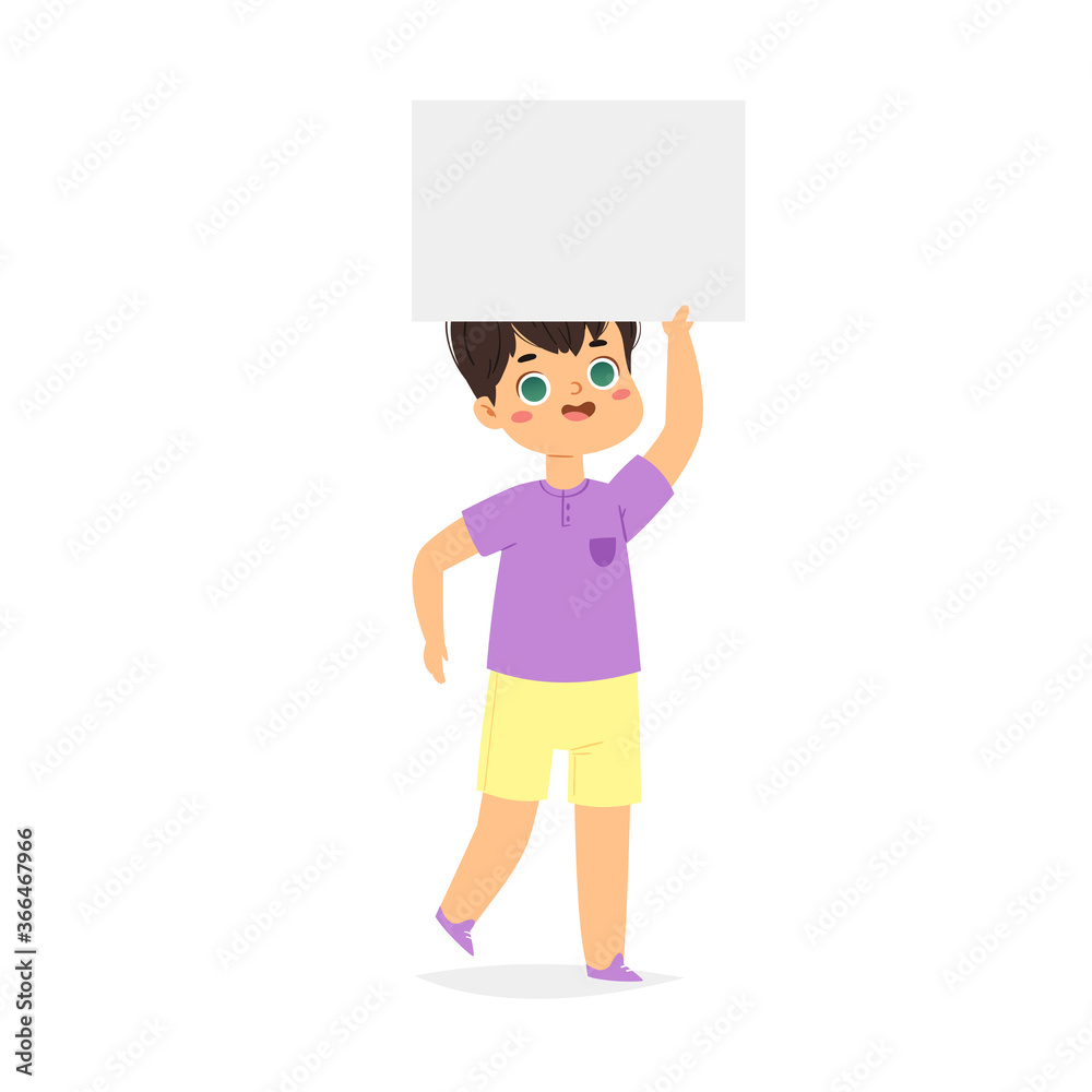 Happy European smiling boy is holding empty blank board. Cartoon pretty little kid with poster, template ready for your message with space for text. Funny cartoon character. Vector illustration Happy European smiling boy is holding empty blank board. Cartoon pretty little kid with poster, template ready for your message with space for text. Funny cartoon character. Vector illustration