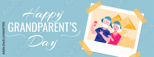 Happy grandparents day colorful horizontal banner template with a photo of smiling grandfather and grandmother in safari hats taking selfie near the Egyptian pyramids.