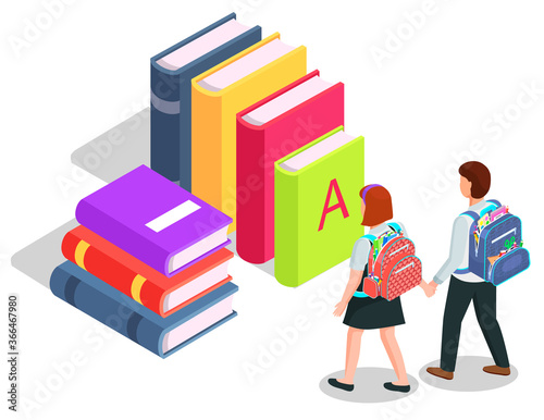School children with backpacks, books or textbooks pile isometric vector. Education and knowledge, studying and learning, pupils or students, library. Back to school concept. Flat cartoon isometric 3d