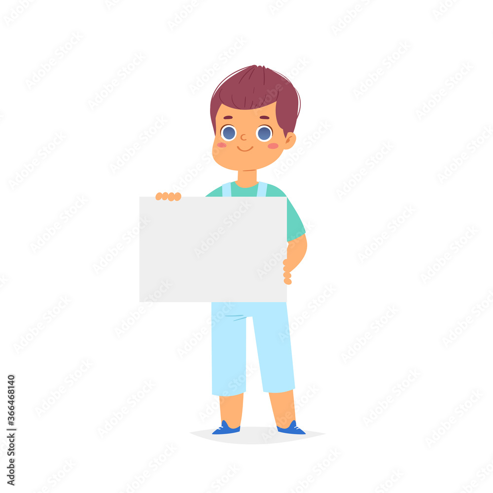 Happy European smiling boy is holding empty blank board. Cartoon pretty little kid with poster, template ready for your message with space for text. Funny cartoon character. Vector illustration Happy European smiling boy is holding empty blank board. Cartoon pretty little kid with poster, template ready for your message with space for text. Funny cartoon character. Vector illustration