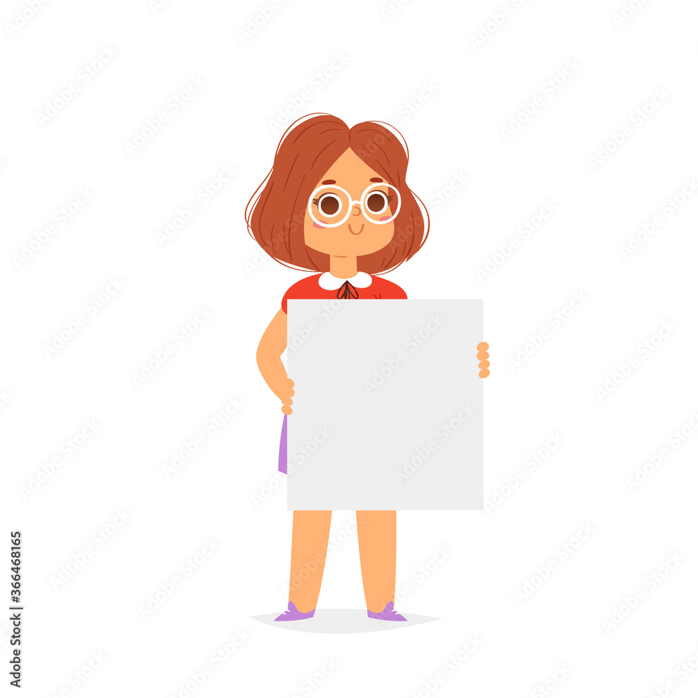 Happy European smiling girl is holding empty blank board. Cartoon pretty little kid with poster, template ready for your message with space for text. Funny cartoon character. Vector illustration Happy European smiling girl is holding empty blank board. Cartoon pretty little kid with poster, template ready for your message with space for text. Funny cartoon character. Vector illustration